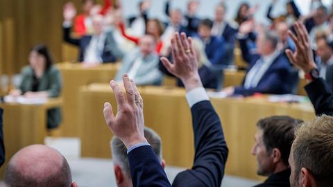 Mehrere Abgeordnete heben ihre Hand zur Abstimmung.