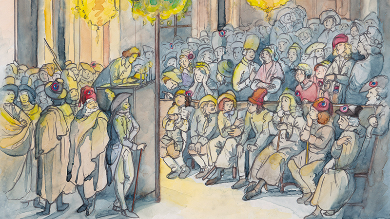 Illustration einer Sitzung im Kurf&uuml;rstlichen Schloss: Eine Menschenmenge sitzt und steht verteilt in einem Saal. In der Mitte steht eine Person an einem Rednerpult.