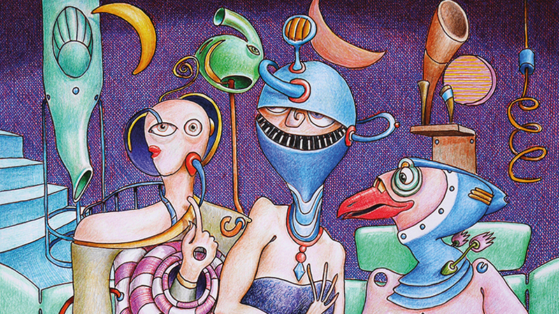 Buntes Kunstwerk mit drei surrealen menschenähnlichen Figuren