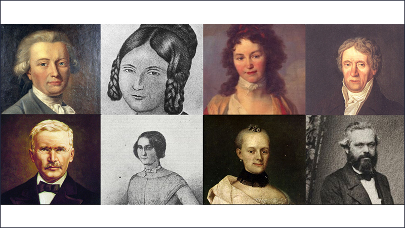 Zu sehen ist eine Collage aus acht Porträts von Personen aus vergangenen Jahrhunderten. Es handelt sich um gemalte Darstellungen von Männern und Frauen, die in klassischer Kleidung dargestellt sind. Die Bilder unterscheiden sich in Stil und Technik.