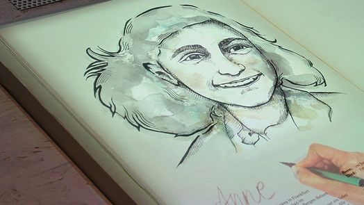Gezeichnetes Portrait der Anne Frank in einer Buchseite