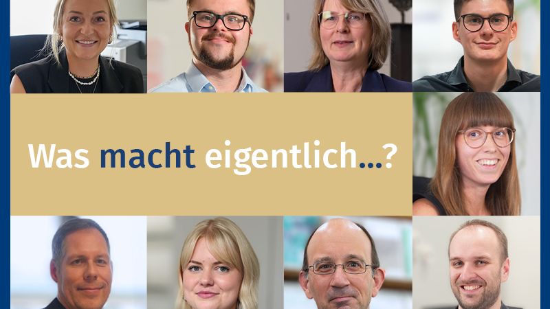 Zu sehen ist eine Bildcollage. Diese zeigt M&auml;nner und Frauen. Alle schauen in die Kamera. In der Mitte ist eine hellbraune Farbfl&auml;che. Auf dieser steht: "Was macht eigentlich...?"