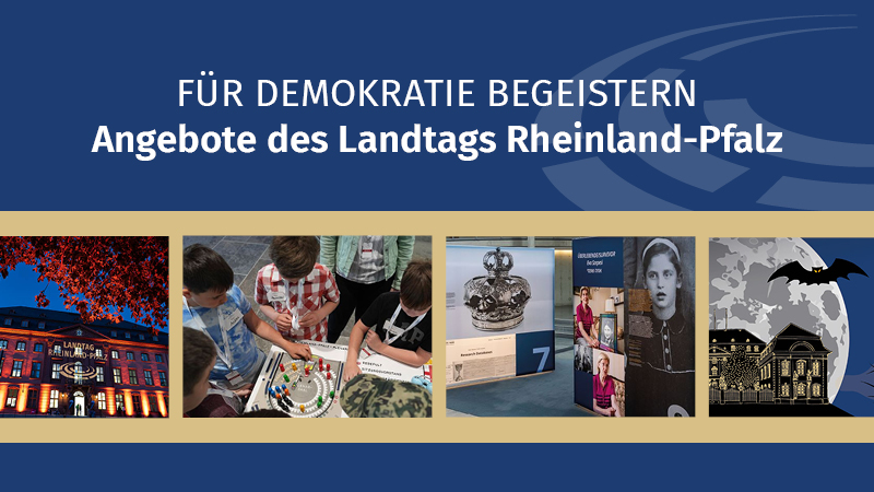 Auf dem Bild ist ein Informationsbanner des Landtags Rheinland-Pfalz mit dem Titel:  „Für Demokratie begeistern – Angebote des Landtags Rheinland-Pfalz“ zu sehen. Das Bild vermittelt die verschiedenen Bildungs- und Beteiligungsangebote des Landtags. Es ist folgendermaßen gestaltet: