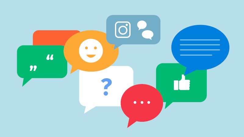 Zu sehen sind mehrere farbige Sprechblasen. Die Sprechblasen sind rund und eckig. In den Sprechblasen sind Icons sowie verschiedene Satzzeichen zu sehen.