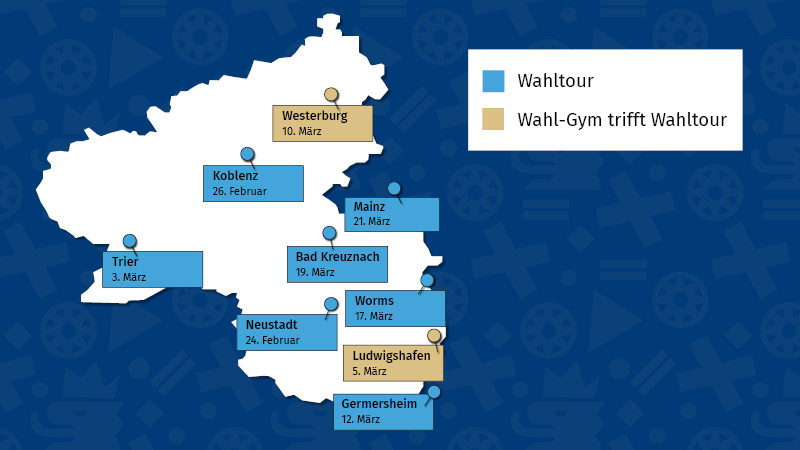 Zu sehen ist eine wei&szlig;e Karte von Rheinland-Pfalz. Auf dieser Karte sind mehrere Standorte mit hellblauen und orangefarbenen K&auml;stchen. Im Hintergrund ist eine blaue Farbfl&auml;che.