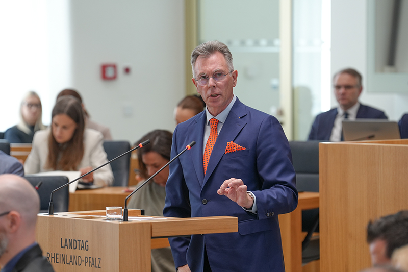Ein Mann spricht am Redepult im Plenarsaal. Im Hinter- und Vordergrund sitzen Abgeordnete auf ihren Plätzen.