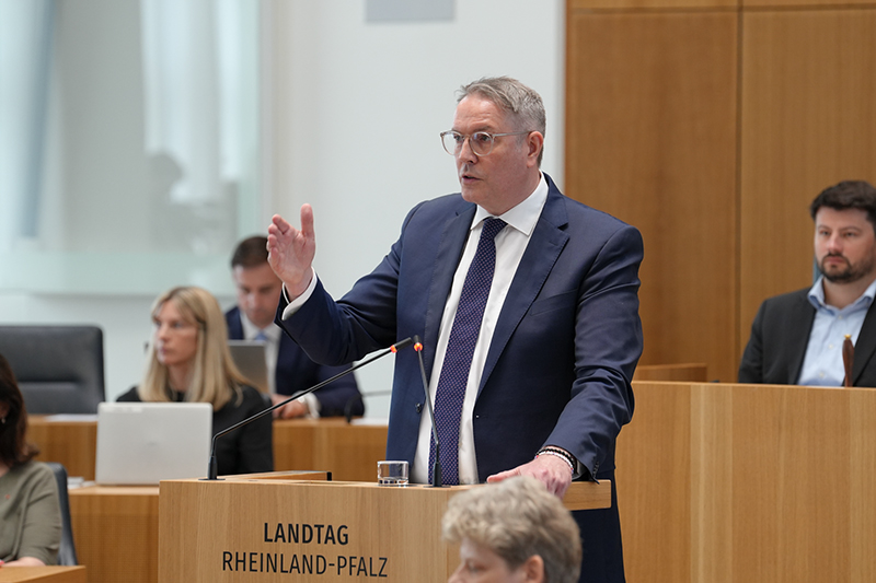 Ein Mann steht im Plenarsaal am Redepult. Im Hintergrund sitzen mehrere Personen.
