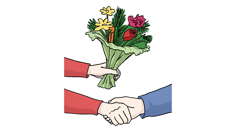 Illustration: Die obere Hälfte des Bildes zeigt eine Hand, die einem anderen Menschen einen bunten Blumenstrauß übergibt. Der Strauß enthält verschiedene Blumen in leuchtenden Farben wie Gelb, Rot und Rosa. In der unteren Bildhälfte schütteln sich zwei Personen die Hand – eine mit einem roten, die andere mit einem blauen Ärmel. 