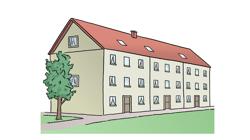 Die Illustration zeigt ein beigefarbenes Haus. Es hat ein rotes Dach. Vor dem Haus ist eine grüne Wiese. Auf der linken Seite steht ein großer Baum.