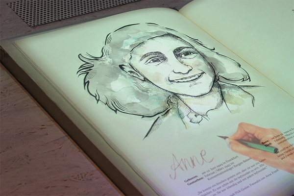 Ein aufgeschlagenes Buch. Auf der Seite ist eine Zeichnung von Anne Frank zu sehen 
