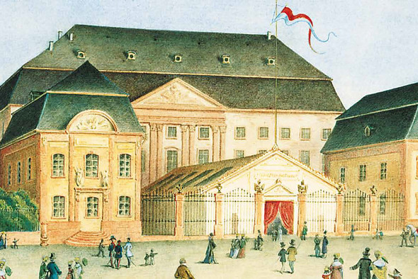 Zeichnung des alten Deutschhauses inklusive hölzernem Pavillon im Hof