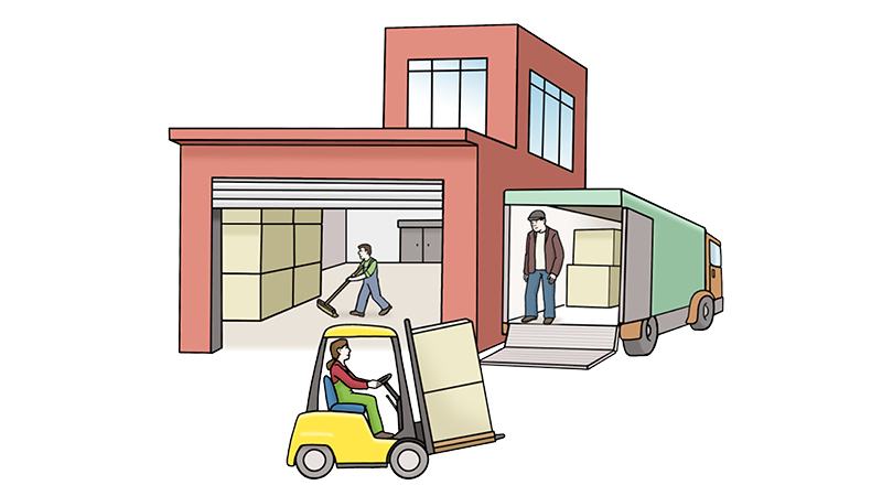 Die Illustration zeigt eine Szene vor einem roten Gebäude. Rechts von dem Gebäude parkt ein LKW. In diesem befinden sich Kartons. Davor sieht man eine Person Stapler fahren. Das Tor des Gebäudes wurde hochgefahren. Im Gebäude sieht man eine Person, die den Boden fegt.