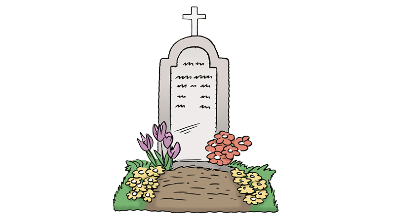 Die Illustration zeigt einen Grabstein mit einem Kreuz. Vor dem Grabstein ist ein Blumenbeet mit Blumen in den Farben Rot, Gelb und Lila. An den Rändern dieses Beets sieht man Gras.