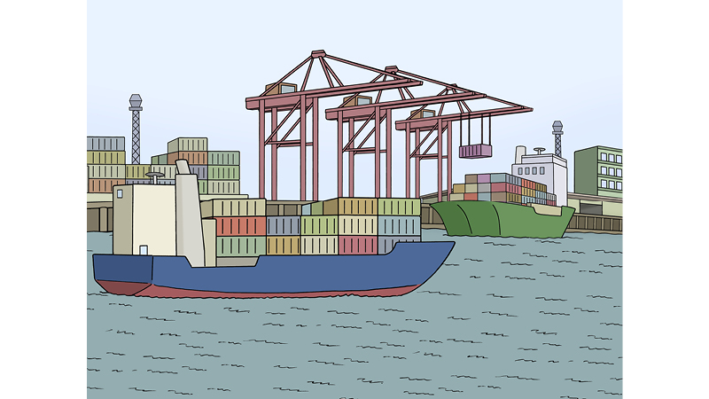 Die Illustration zeigt eine Hafenszene mit Containerschiffen. 