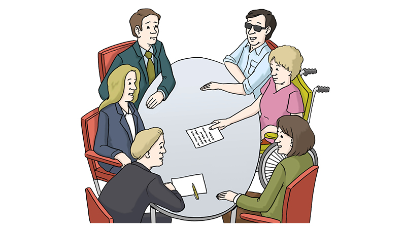 Eine Zeichnung von 6 Personen. Die Personen sitzen zusammen an einem runden Tisch. Sie sprechen miteinander.