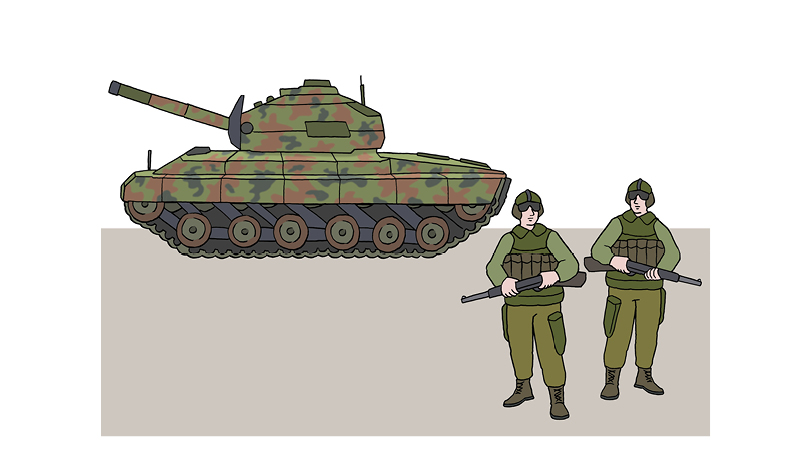 Auf dem Bild sieht man eine Illustration mit militärischem Bezug. Links im Bild steht ein Tarnfarben-getarnter Panzer mit Kettenantrieb, Kanone und typischen Merkmalen eines Kampfpanzers. Die Tarnbemalung ist grün-braun-schwarz. Rechts im Bild sieht man zwei Soldaten in olivgrüner Uniform, mit Helmen, Schutzwesten und Gewehren. Beide stehen nebeneinander in aufrechter Haltung. 