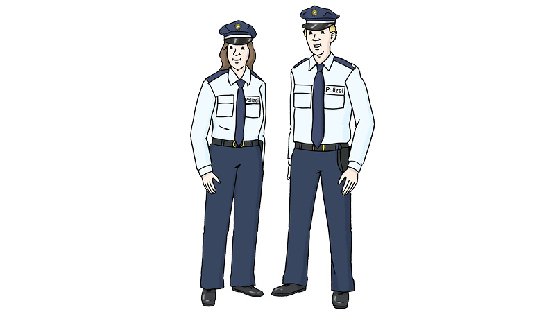 Die Illustration zeigt einen Polizisten und eine Polizistin. Der Polizist steht auf der rechten Seite. Die Polizistin steht auf der linken Seite. Beide haben ihre Uniform an. Dunkelblaue Hosen, ein hellblaues Hemd, eine dunkelblaue Krawatte und dunkelblaue Kopfbedeckung.