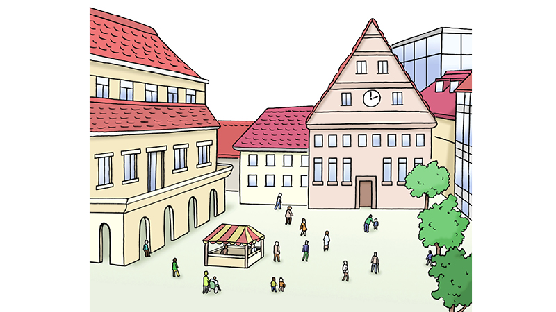 Illustration einer Stadt. Zu sehen sind mehrere Häuser. Mittig des Bildes sieht man einen großen Platz. Hier steht ein kleiner Verkaufsstand. Um diesen Stand herum laufen einige Menschen. Rechts stehen drei grüne Bäume.