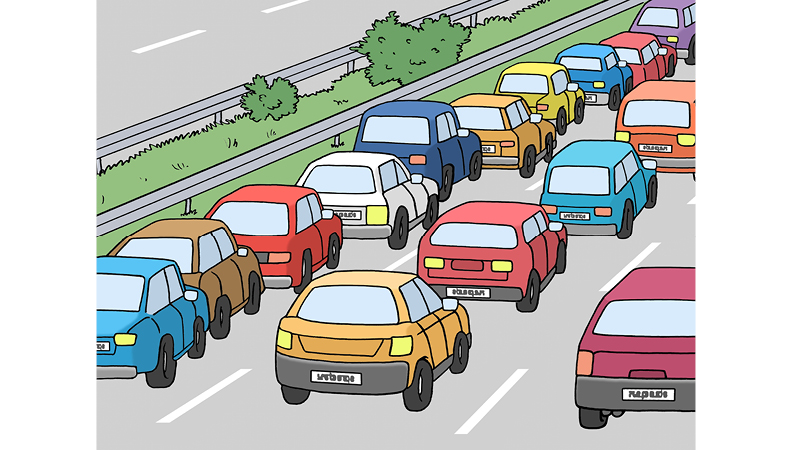 Die Illustration zeigt einen Satu auf der Autobahn. Viele bunte Autos stehen hintereinander auf der Fahrbahn. Es sind drei Spuren zu erkennen.
