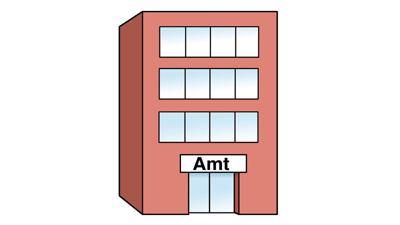 Die Illustration zeigt ein rotes Gebäude mit vielen Fenstern. Oberhalb des Eingangs steht das Wort Amt.
