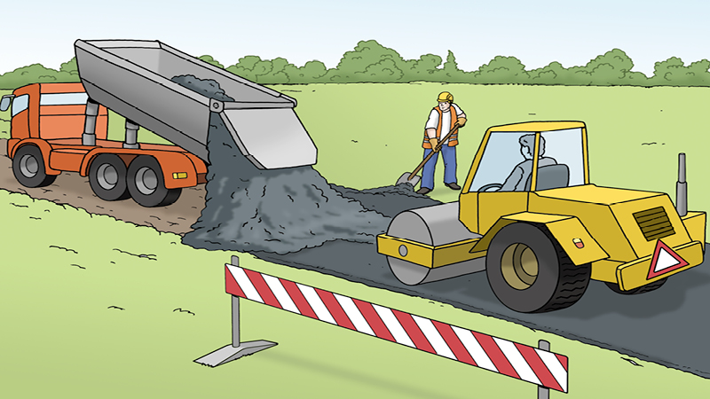 Eine Zeichnung von einer Baustelle im Straßen-Bau. Zwei Arbeiter bauen eine Straße. Sie benutzen Bau-Fahrzeuge.