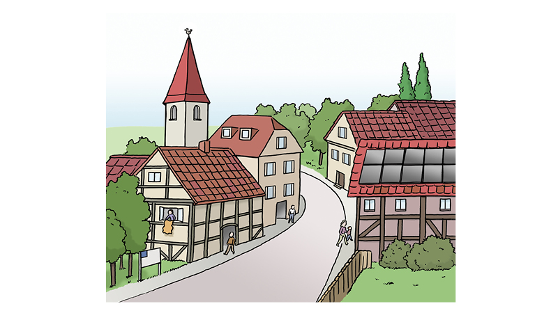 Die Illustration zeigt ein Dorf in ländlicher Umgebung. Links im Bild steht ein Fachwerkhaus mit einem Menschen auf dem Balkon und einer Person davor.  Dahinter ragt ein Kirchturm mit rotem Dach und Wetterhahn in die Höhe. Weitere Wohnhäuser mit Satteldächern sind im Bild verteilt.  Rechts befindet sich ein Fachwerkhaus mit Solaranlage auf dem Dach. Die Straße windet sich durch das Dorf. Einige Menschen gehen spazieren oder stehen vor den Häusern. Grüne Bäume und Büsche säumen die Szenerie.