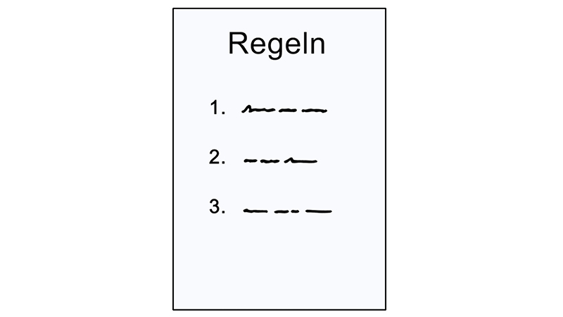 Die Illustration zeigt ein hellblaues Heft. Auf diesem Heft steht in großer Schrift das Wort "Regeln".