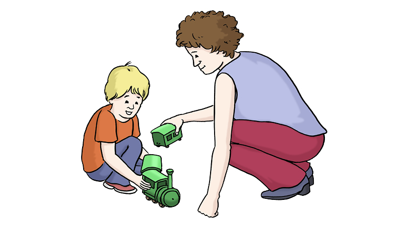 Eine Zeichnung von einer Frau und einem kleinen Kind. Die Frau und das Kind spielen zusammen mit einer kleinen Eisenbahn.