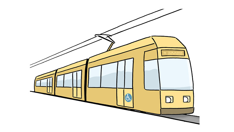 Die Illustration zeigt eine gelbe Straßenbahn.