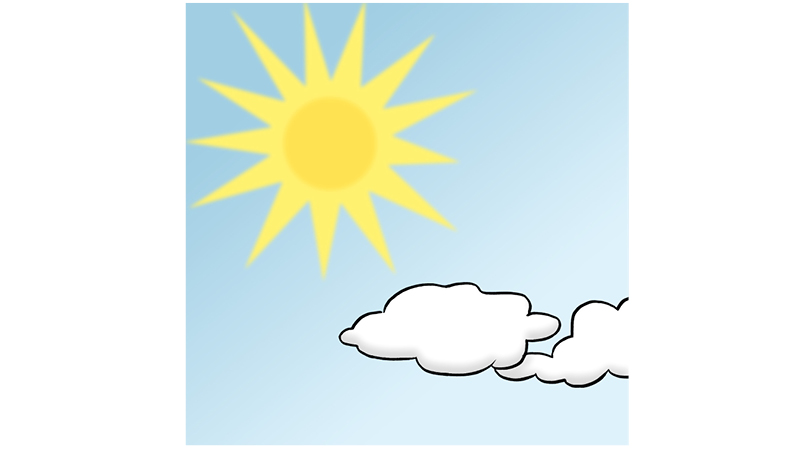 Die Illustration zeigt eine Sonne und zwei Wolken. Der Himmel strahlt in einem hellen Blauton.