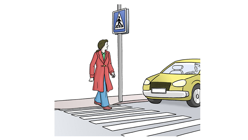 Die Illustration zeigt eine Frau, die gerade über einen Zebrastreifen die Seite wechselt. Die Frau hat dunkle Haare und trägt einen roten langen Mantel. Hinter ihr sieht man das Zebrastreifenschild. Auf der rechten Seite hält ein gelbes Auto. Dieses wartet, bis die Frau die Straße überquert hat.