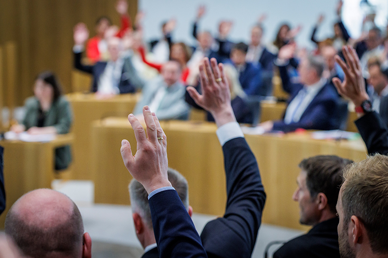 Mehrere Abgeordnete heben ihre Hand zur Abstimmung.