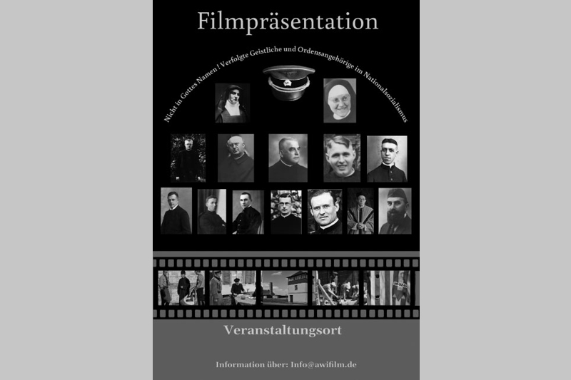 Man sieht ein schwarzes Plakat mit schwarz-wei&szlig;-Bildern drauf. Oben auf dem Plakat steht "Filmpr&auml;sentation". Es sind verschiedene Portr&auml;tfotos von Personen zu sehen. Unten ist ein grauer Kasten mit dem Text "Veranstaltungsort" platziert.