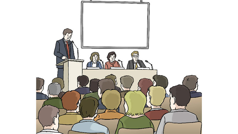 Illustration einer Sitzung mit Präsentation auf einer Leinwand.