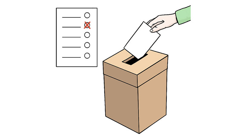 Illustration einer Wahl. Ein Wahlzettel wird in eine Wahlurne geworfen.