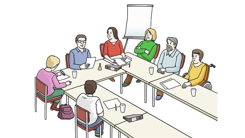 Illustration einer Versammlung. Die Menschen sitzen an Tischen in einer Hufeisenform.