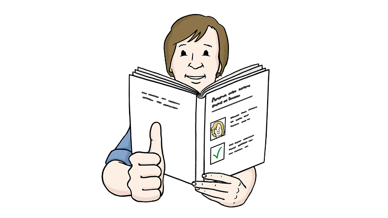Zu sehen ist eine Illustration. Man sieht eine Person. Diese hält ein weißes Buch in der Hand. Die Person zeigt einen "Daumen hoch".