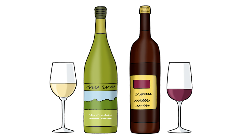 Zu sehen ist eine Illustration. Man sieht zwei Weinflaschen. Die linke Flasche ist grün und die rechte Flasche dunkelrot. Neben beiden Flaschen steht jeweils ein Weinglas. In dem linken Glas ist Weißwein, in dem rechten Glas Rotwein.