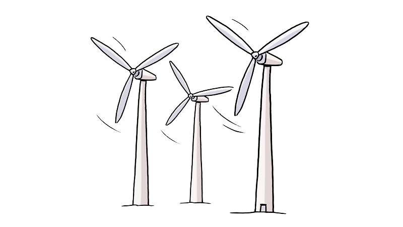Zu sehen ist eine Illustration. Drei Windräder stehen nebeneinander.