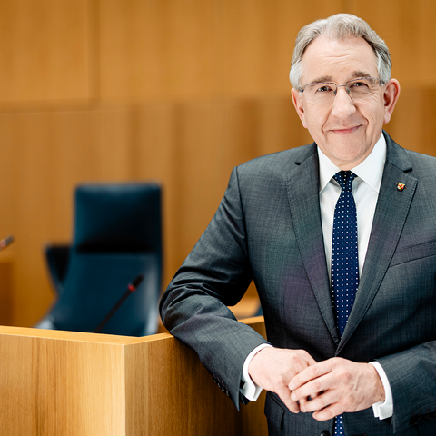 Zu sehen ist ein Mann stehend im leeren Plenarsaal.
