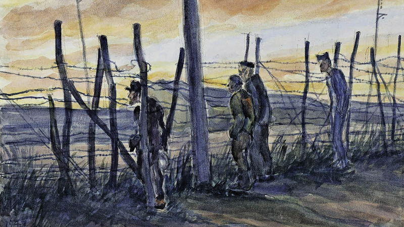 Zeichnung; vier Männer stehen vor einem Stacheldrahtzaun im Morgenrot