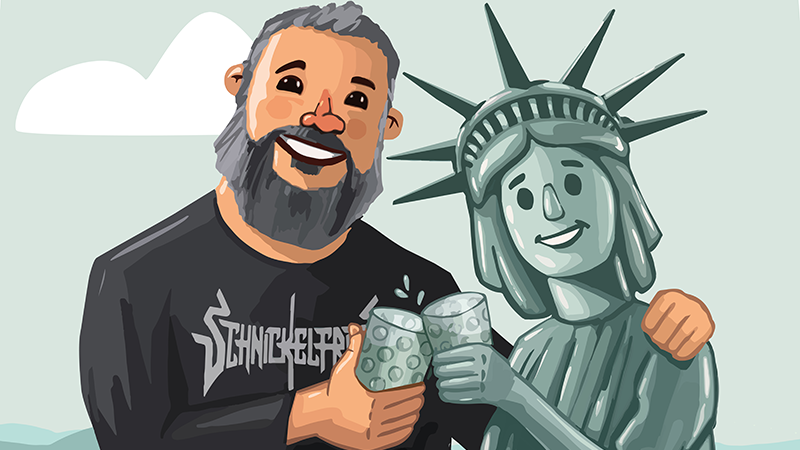 Zu sehen ist eine Comiczeichnung von einem Mann und der US-Freiheitsstatue, die mit Gläsern zusammen anstoßen.