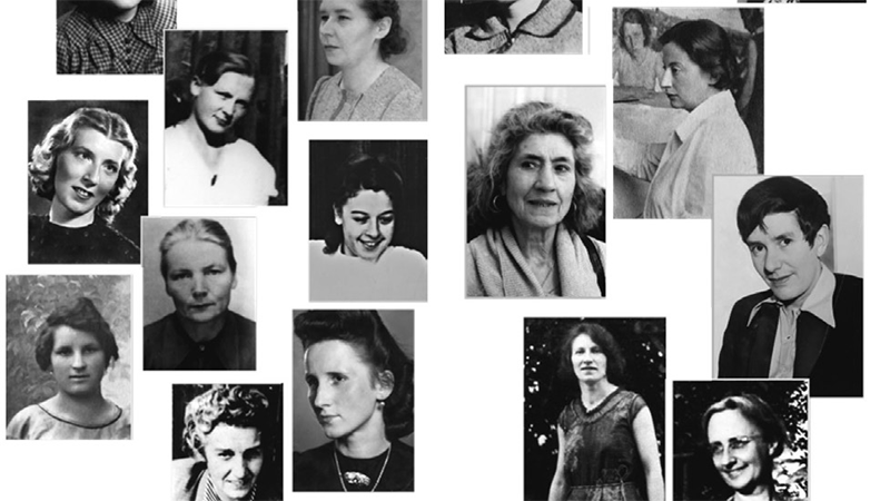 Mehrere kleine Portraitfotos von Frauen aus der Zeit des Nationalsozialismus in Schwarz-Wei&szlig;