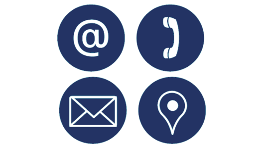Vier Icons für E-Mailadresse, Telefonnummer, Website und Standort