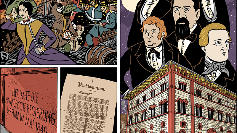 Zu sehen sind Comiczeichnungen: großes mehrstöckiges Gebäude, fünf Männer mit schwarzen Anzügen, Bürger im Kampf mit dem Militär, ein Schriftstück "Proklamation"