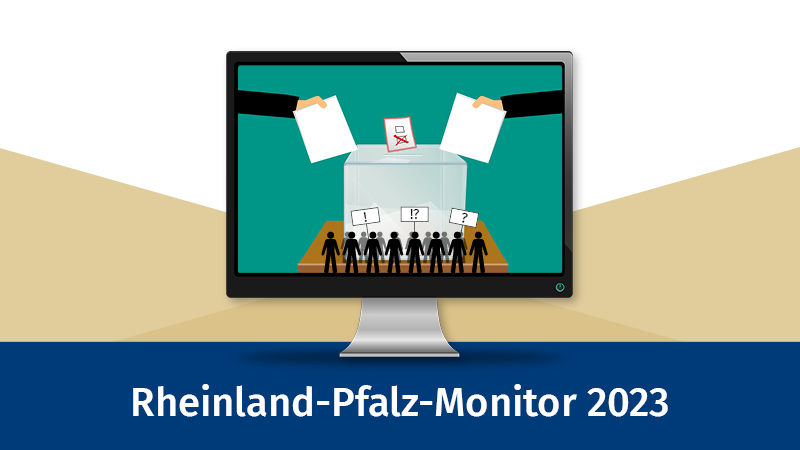 Rheinland-Pfalz-Monitor 2023. Auf einem Bildschirm ist eine Wahlurne abgebildet. Davor stehen viele Strichmännchen, die symbolisch ihre Meinung äußern.