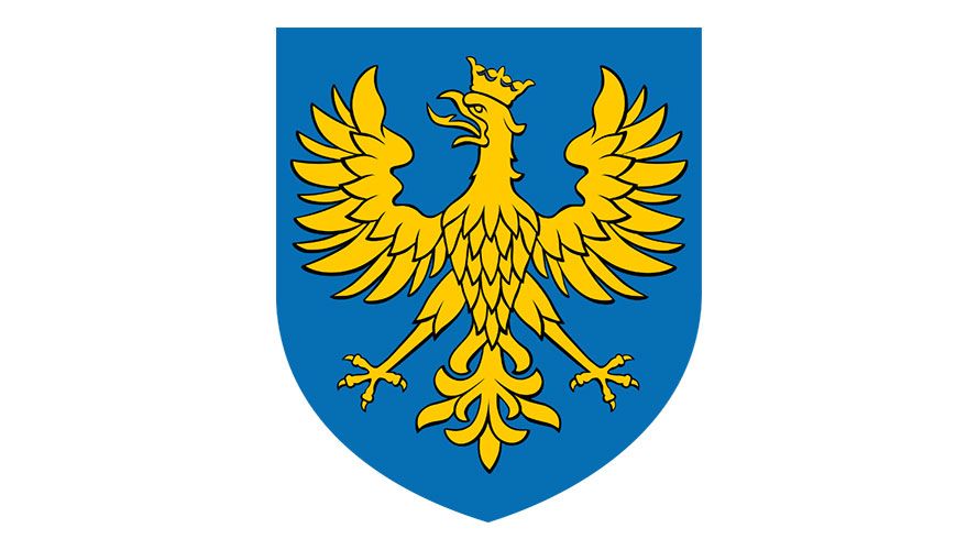 Wappen der Woiwodschaft Oppeln; gekrönter, goldener Adler auf blauem Grund