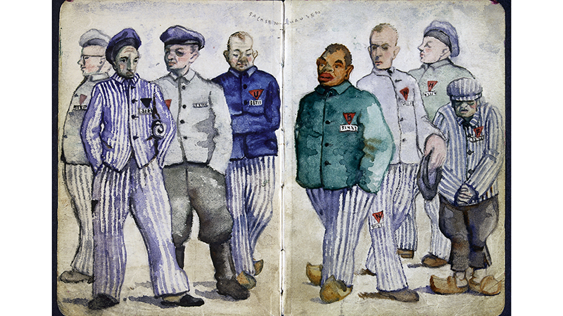 Das Bild ist in Aquarellfarben gemalt. Zu sehen sind verschiedene Häftlinge aus der NS-Zeit. Ein Häftling ist mit einem schwarzen Winkel markiert worden.