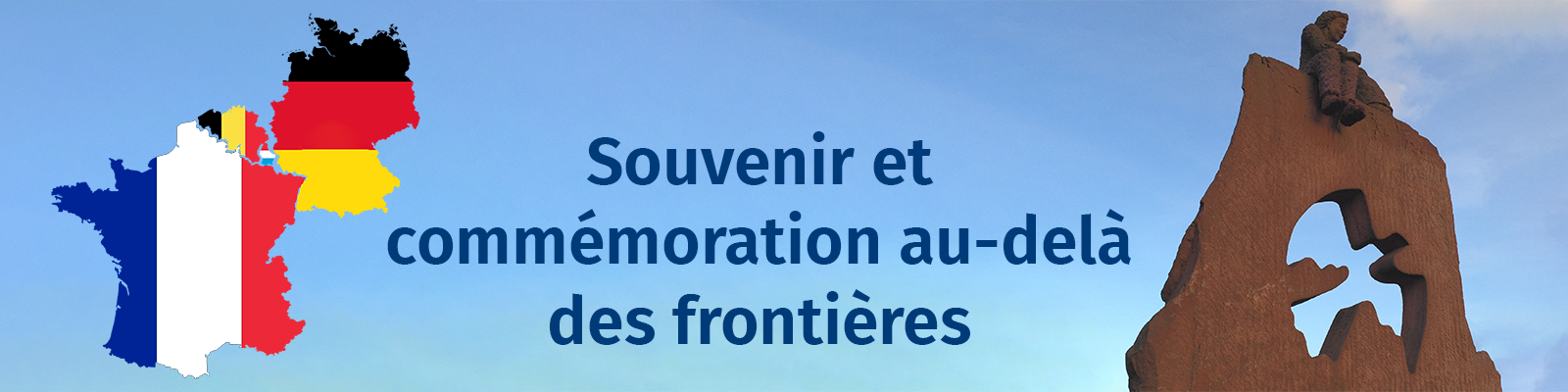 Image symbolique : à gauche, on voit les contours des pays suivants : La France, la Belgique, le Luxembourg et l'Allemagne. Au milieu, on peut lire « Se souvenir et commémorer au-delà des frontières ». Sur le côté droit se trouve le monument de l'amitié franco-allemande à Naßweiler.