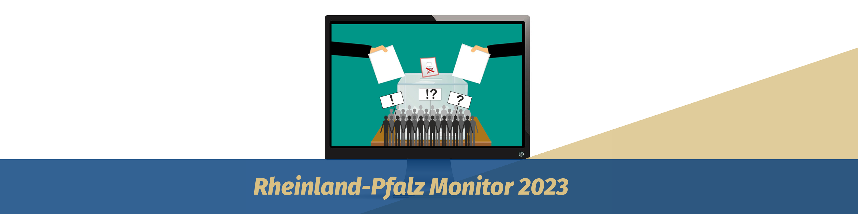 Rheinland-Pfalz-Monitor 2023. Auf einem Bildschirm ist eine Wahlurne abgebildet. Davor stehen viele Strichmännchen, die symbolisch ihre Meinung äußern.